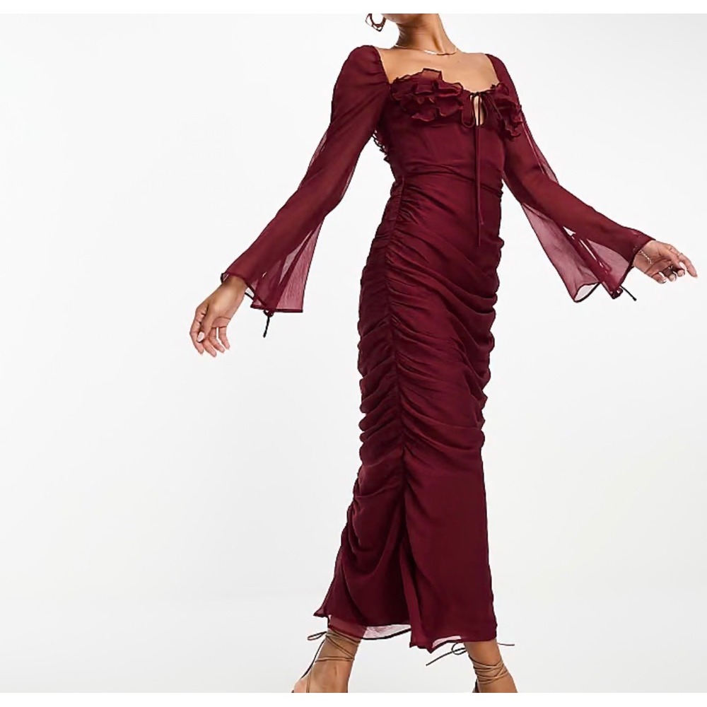 ASOS DESIGN Burgundy Ruched Corset Maxi Dress Ruffle Bell Sleeve Wine Red US 4